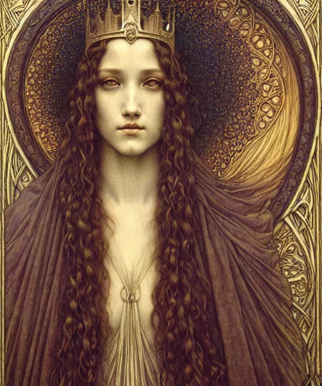 Image similar to detailed realistic beautiful young medieval queen face portrait by jean delville, gustave dore and marco mazzoni, art nouveau, symbolist, visionary, gothic, pre - raphaelite. horizontal symmetry