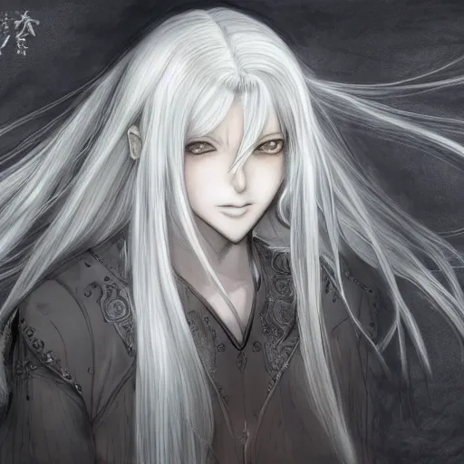 Image similar to a drawing of a woman with long white hair, a character portrait by yoshitaka amano, featured on pixiv, fantasy art, official art, androgynous, anime