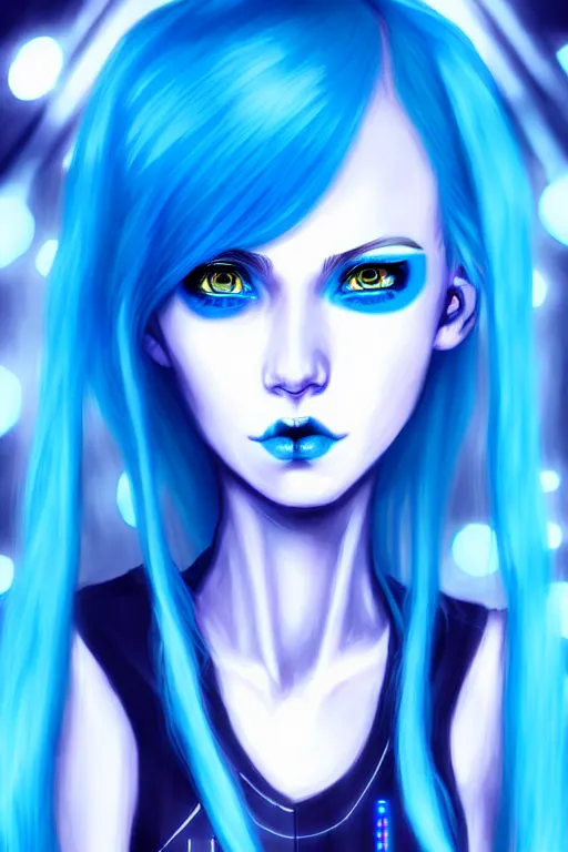 Prompt: a young, slender girl, with blue hair and bright blue eyes, hyperrealistic face, beautiful eyes, fantasy art, intricate, hyperdetalized, smooth, cyberpunk, tech