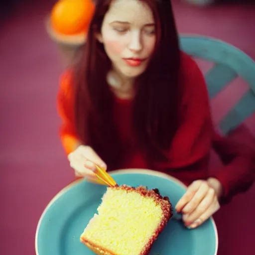 Image similar to woman eating orange cake, color film photography, 5 0 mm film