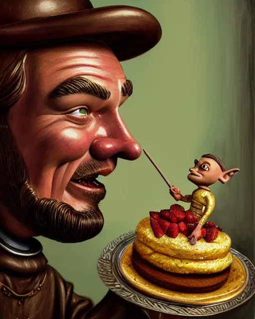 Image similar to highly detailed closeup, face profile portrait of a tin toy leonardo dicaprio as a medieval goblin eating cakes in a castle, hyper realistic, artstation, illustration, nicoletta ceccoli, mark ryden, lostfish, dan decarlo, bob clampett, max fleischer, digital paint, matte paint, vivid colors, detailed and intricate environment