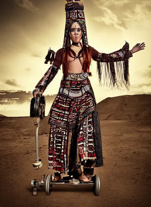 Prompt: old vintage full body photo of aztec ancient priest female on the complex big steam punk aeroboard with antigravity engine, extreme sports photography , dynamic photography,clean symmetrical face, high speed,dirt and grawel flying in the spot, lens flares, dust in the air, dramatic lighting, intricate, highly detailed, centered, smooth, sharp focus, sports photography, old photo, black and white, sepia, cinematic lighting, cinematic angle, national geographic