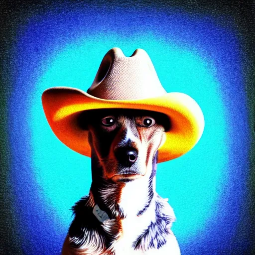 Prompt: a cute dog wearing a cowboy hat,pale colors, in style of deep dream