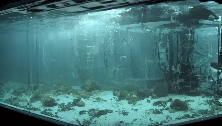 Image similar to Big budget horror movie, exterior view of an underwater biolab, deep in the ocean, dark and gloomy