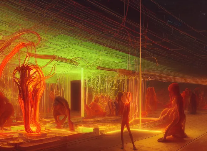 Prompt: A kitche, neon, RGB, glowing wires everywhere, by Edgar Maxence and Ross Tran, Zdzisław Beksiński, and Michael Whelan, distant, gustav dore, H.R. Giger, 8k, octane render