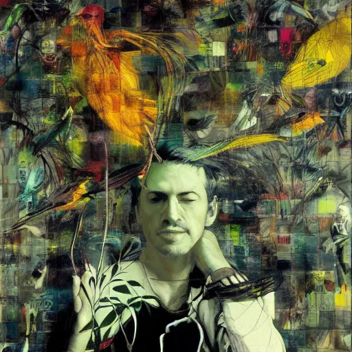 Image similar to a daydreaming hacker is surrounded by birds, neon virtual networks, and information visualization, oil on canvas by dave mckean and yoji shinkawa