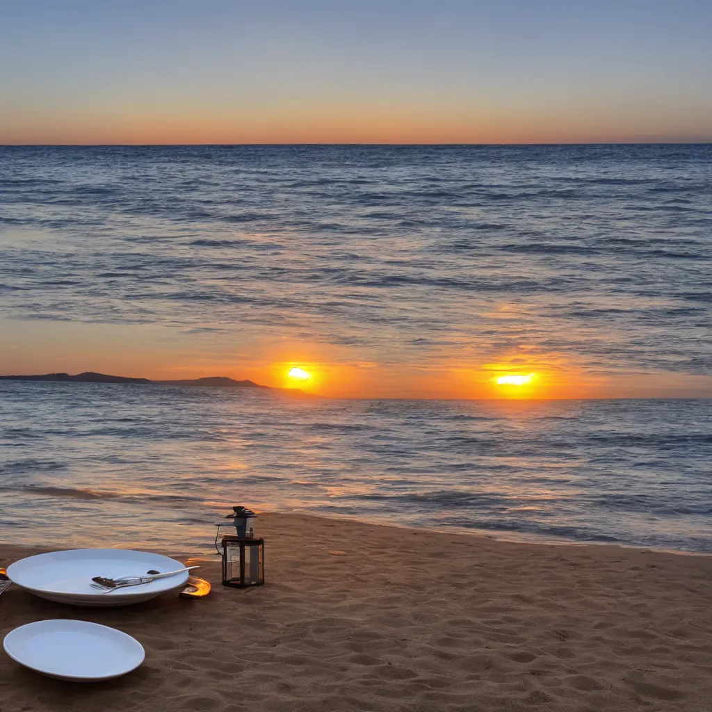 Image similar to professional photo of empty white dish in the middle over a table with a sunset on the beach in the background