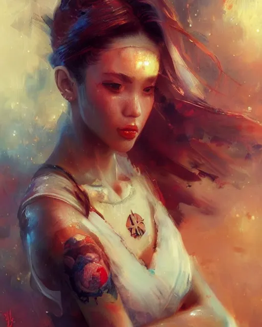 Prompt: an epic painting of sailor moon as a real girl, sailor moon hairstyle, oriental tattoos, realism, dramatic, intricate, by jeremy mann and greg rutkowski, dramatic earth colors, few vivid red highlights, trending on artstation, pixiv, oil on canvas