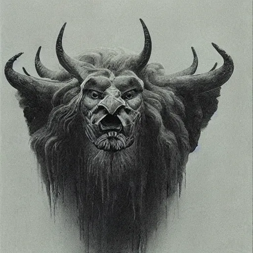 Image similar to a creature with the body and eyes of a man, with the beak of an eagle, the mane of a lion, and the horns of an ox. drawn by zdzislaw beksinski