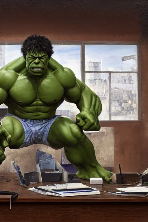 Prompt: the hulk sitting at a desk in a high school classroom, glasses, oil on canvas, intricate, 8 k highly professionally detailed, hdr, cgsociety