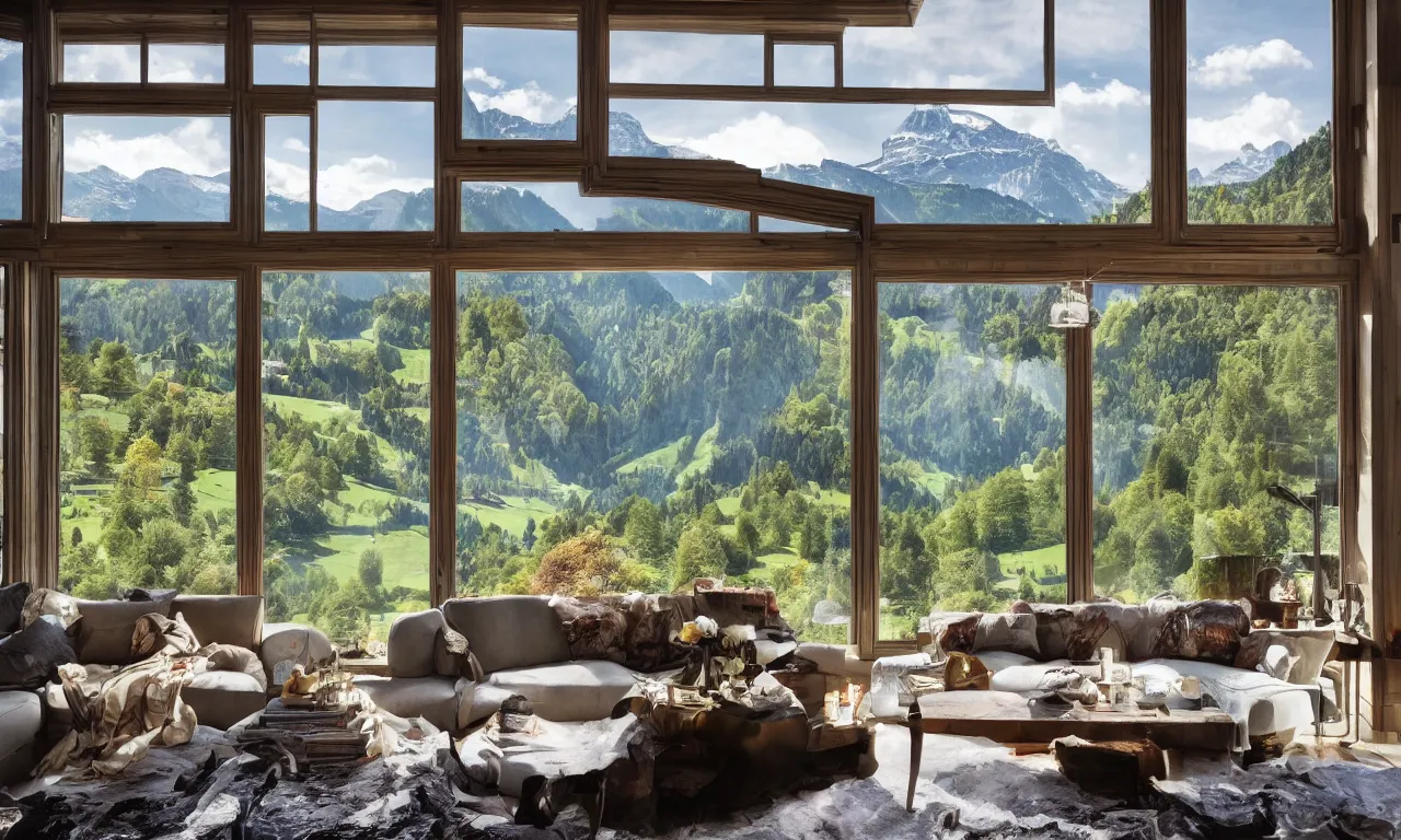 Image similar to fantastical living room with switzerland landscape in the window