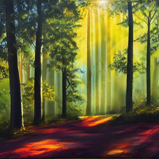 Image similar to forest, sun rays, with a river sparkling acryl painting 4 k