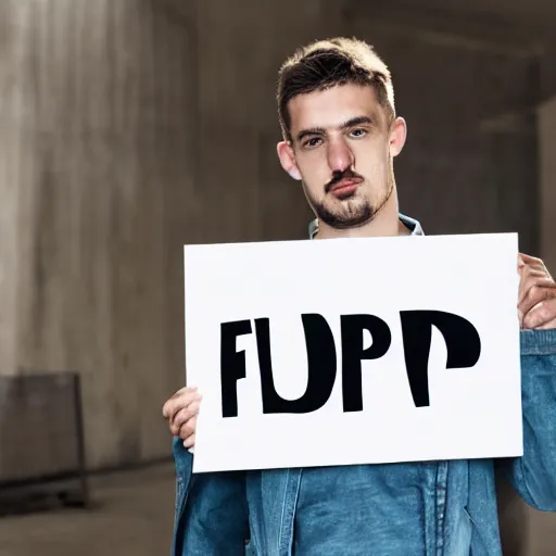 Image similar to man holding a sign that says “ floppa ”, studio light