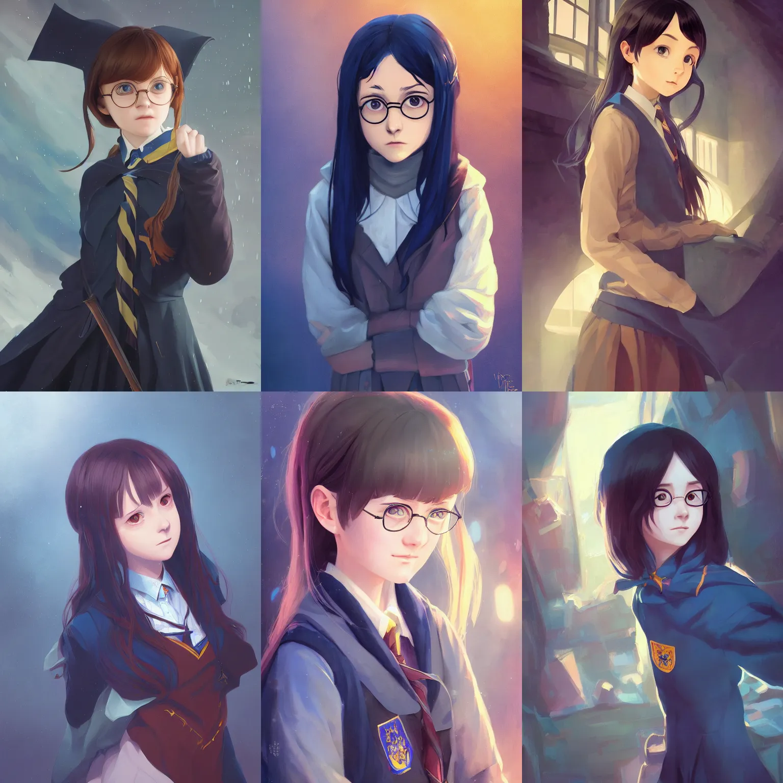 Prompt: a portrait of a cute young female Ravenclaw student, Harry Potter series setting, vivid colors, soft lighting, atmospheric, cinematic, moody, in the style of Ilya Kuvshinov and Range Murata, Krenz Cushart, rule of thirds, oil on canvas, 8k