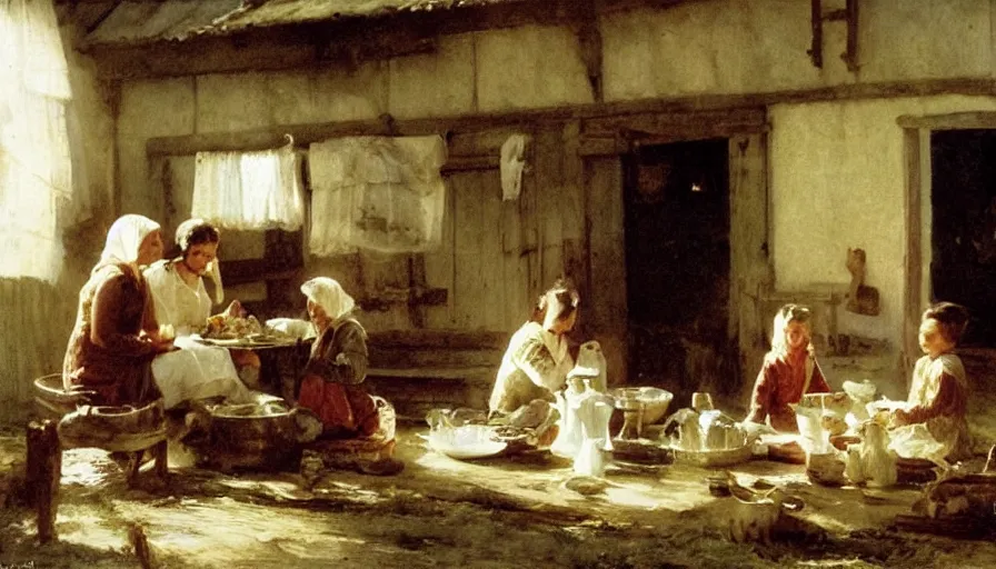 Image similar to simple villager family about to eat a meal together in their beautiful simple cottage home, art by anders zorn, wonderful masterpiece by greg rutkowski, beautiful cinematic light, american romanticism thomas lawrence, greg rutkowski