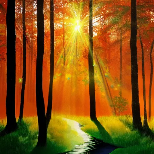 Prompt: forest, sun rays, with a river sparkling acryl painting 4 k