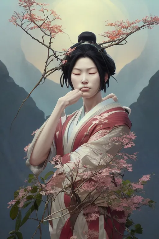 Image similar to Japanese goddess of nature, accurate anatomy, only two hands, highly detailed, digital painting, artstation, concept art, smooth, sharp focus, illustration, Unreal Engine 5, 8K, art by Ross Tran and greg rutkowski and alphonse Mucha