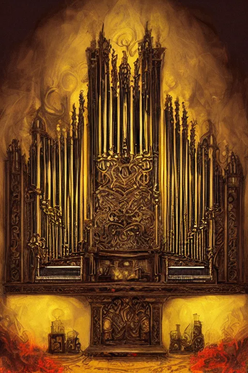 Image similar to illustration of close low angle view of an ornate obsidian gothic pipe organ with gold spidery embellishments, night, smoke, ground fog, by frank frazetta, vincent di fate, obtuse angles, lines, super detailed, digital art, trending on artstation, ornate