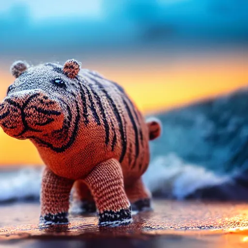Image similar to a closeup photorealistic photograph of a cute knitted tiger hippopotamus riding an epic wave during sunset. well textured. surf in the background. professional capture. brightly lit scene. this 4 k hd image is trending on artstation, featured on behance, well - rendered, extra crisp, features intricate detail, epic composition and the style of unreal engine.