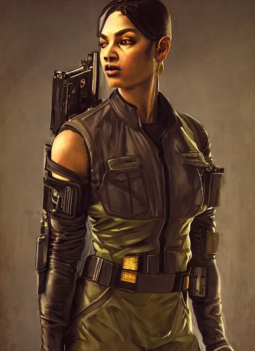 Image similar to Isabel igwe. cyberpunk mercenary wearing a military vest and combat jumpsuit. (Cyberpunk 2077, bladerunner 2049). Iranian orientalist portrait by john william waterhouse and Edwin Longsden Long and Theodore Ralli and Nasreddine Dinet, oil on canvas. Cinematic, vivid color, hyper realism, realistic proportions, dramatic lighting, high detail 4k