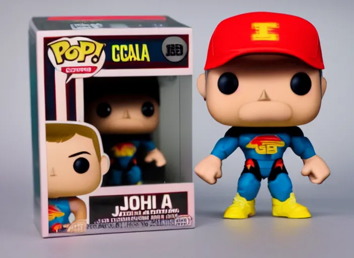 Image similar to product still of John Cena funko pop with box, 85mm f1.8