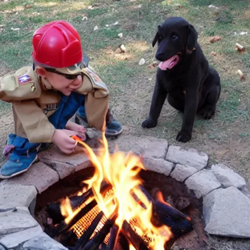 Image similar to puppies that are Boy Scouts building a campfire