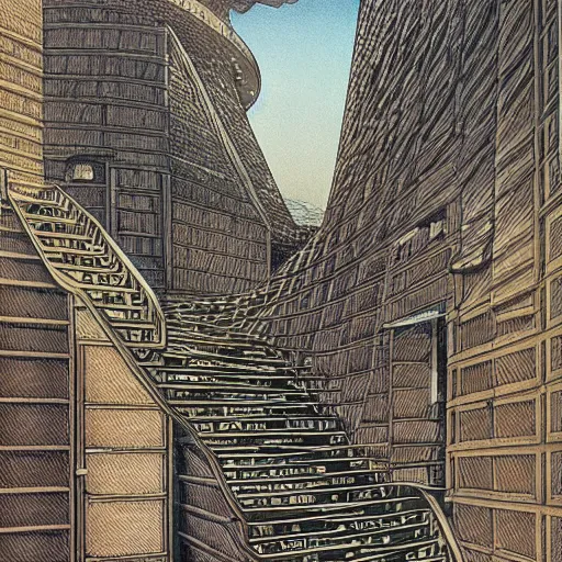 Prompt: agical stairway paradox in a skyscape, scifi art by francois schuiten, highly detailed, unexpected juxtapositions, non sequitur, illogical absurd modern surrealism fantasy art, cel - shaded, colored screentone, digitally enhanced.