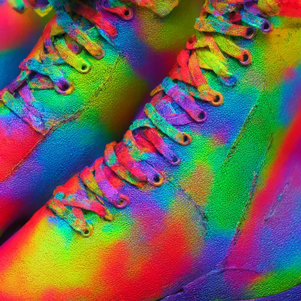 Image similar to photography of a realistic rainbow color air force sneaker, ultra detailed, 8 k, black background