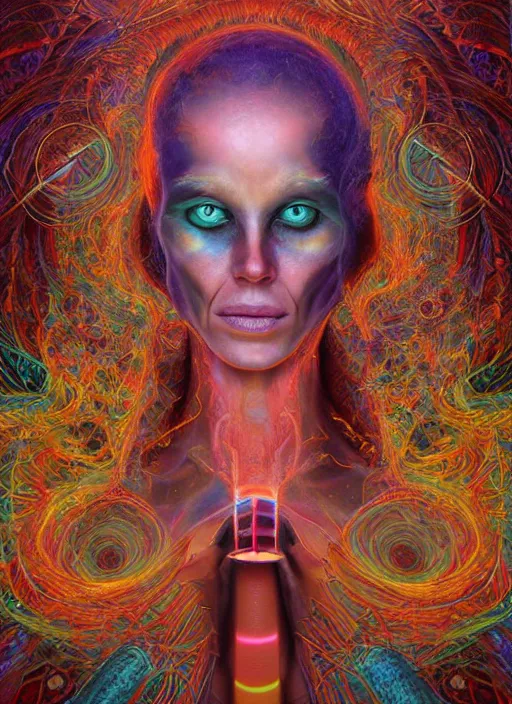 Image similar to portrait ultra dimensional cult woman shaman, accidentally tripping on dmt and acid, psychedelic experience, ascending through the fifth dimension moving at the speed of light and sitting still, portal, ultra high definition, unreal engine 5, hyperrealism, masterpiece composition, by peter kemp, casey weldon, barclay shaw