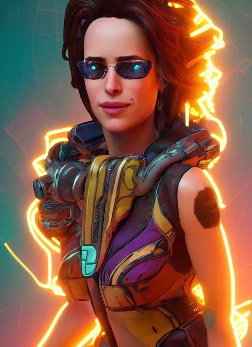 Image similar to glowwave portrait of dakota johnson from borderlands 3, au naturel, hyper detailed, digital art, trending in artstation, cinematic lighting, studio quality, smooth render, unreal engine 5 rendered, octane rendered, art style by klimt and nixeu and ian sprigger and wlop and krenz cushart.