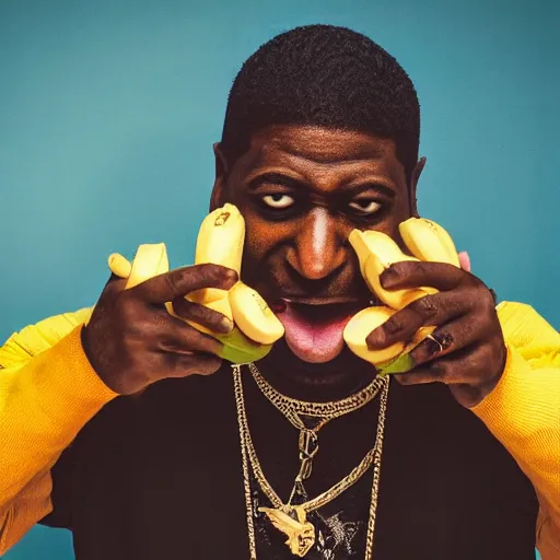 Image similar to angry gucci mane eating bananas in the hood, 8k resolution, full HD, cinematic lighting, award winning, anatomically correct