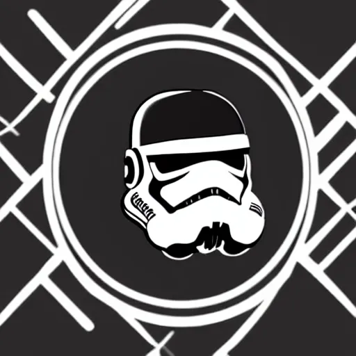 Image similar to svg sticker, centered, round-cropped, white-space-surrounding, Storm-Trooper listening to headphones, flat colors, vector art