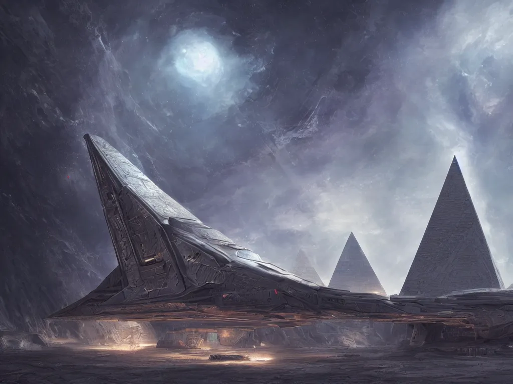 Image similar to pyramidal mausoleum spaceship, highly detailed, intricate, by Raphael Lacoste, Eddie Mendoza, Alex Ross, background of outer space nebulas by Pilar Gogar, concept art, matte painting, 8K HDR