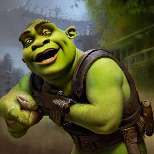 Image similar to pistol skin of shrek, masterpiece, highly detailed, high quality, 4 k, anatomically correct, hyperrealistic, concept art, octane render, unreal engine 5, trending on artstation, trending on deviantart, matte, historical painting, fantasy style, path traced, high coherence, soft lighting, digital painting, mythical