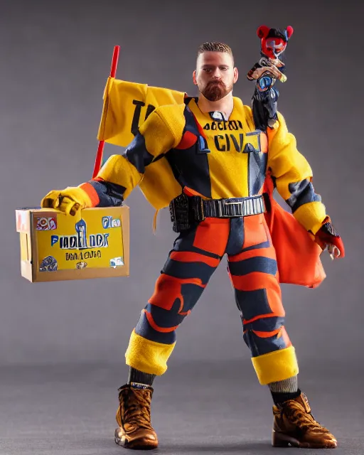 Image similar to box of the toy of proud boys as an action figure, hyper real, advertising photography, 8k