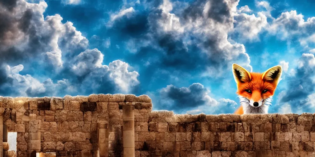 Image similar to A beautiful small fox in the huge ruins of the second temple in Jerusalem :: Dreamy sky :: The third temple hovers quietly in the sky above :: Very colorful painting 8k trending on art station :: Intricate details, very realistic, cinematic lighting, volumetric lighting, photographic blur bokeh defocus dof sky