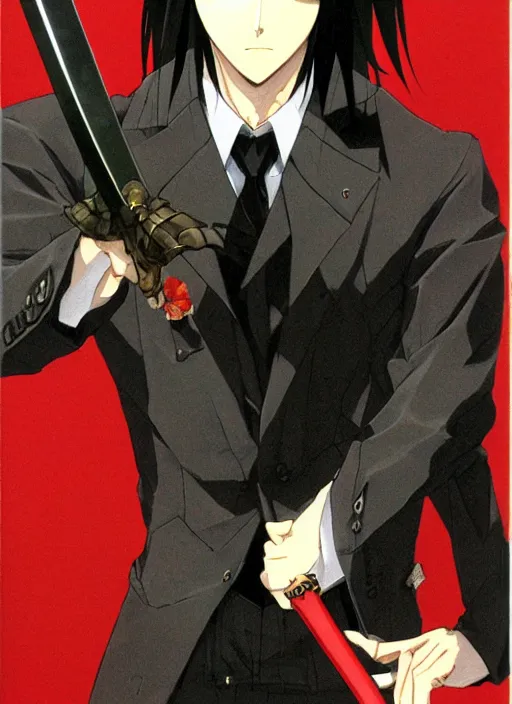 Prompt: portrait by shigenori soejima, handsome male vampire, focus on face, holding a sword, long black hair, dark blue shirt, light brown coat, red - eyes,