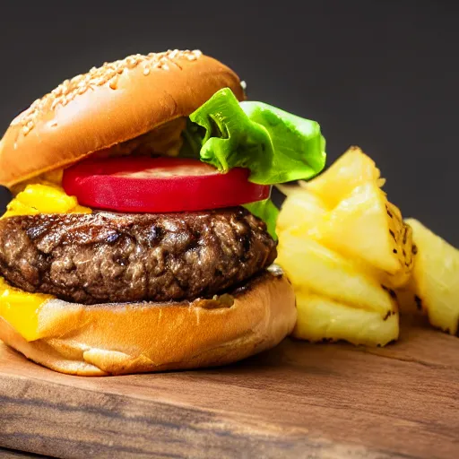 Image similar to juicy hamburger with crispy buns with pineapple topping, 8 k resolution, food photography, studio lighting, sharp focus, hyper - detailed