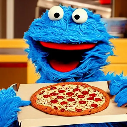 Image similar to Cookie Monster Muppet on Sesame Street eating pizza in secret, happy