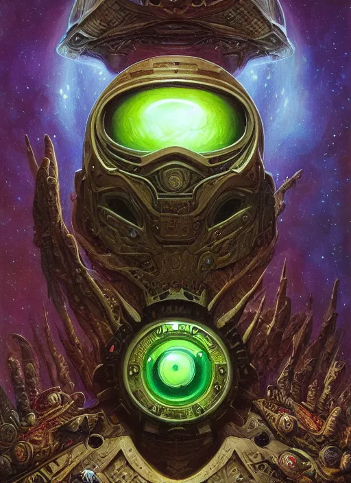 Prompt: spaceship mf doom reptile eyes, cosmic lsd poster art, intricate, elegant, highly detailed, centered, digital painting, artstation, concept art, smooth, sharp focus, illustration, artgerm, tomasz alen kopera, peter mohrbacher, donato giancola, joseph christian leyendecker, wlop, frank frazetta