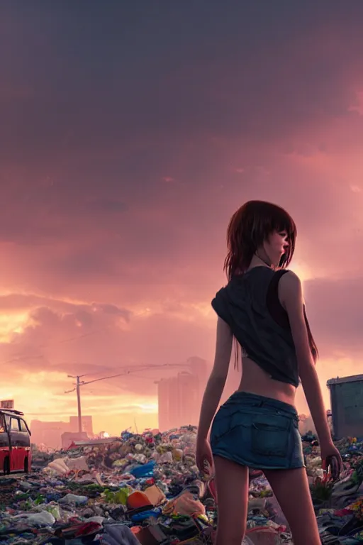 Image similar to wide photo of young woman beauty in mini short with backpack looking at food at garbage dump, destroyed cars, city is pure wasteland, moody sunset background, rays of sunlights, ( ( ( rainbow ) ) ), high details, sharp, photorealism, greg rutkowski, artgerm, unreal engine, highly detailed