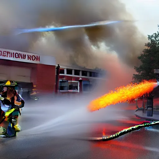 Prompt: Firefighters spraying firehose shaped flamethrower on to a flaming building