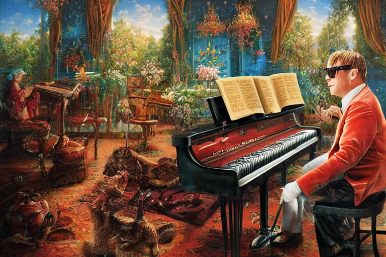 Image similar to elton john playing a piano in a pool filled with baked beans, an oil painting by ross tran and thomas kincade