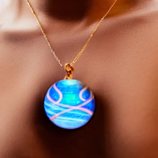 Image similar to a closeup of woman wearing neckless with a glowing planet Saturn as the pendant, in the style of a Pixar movie