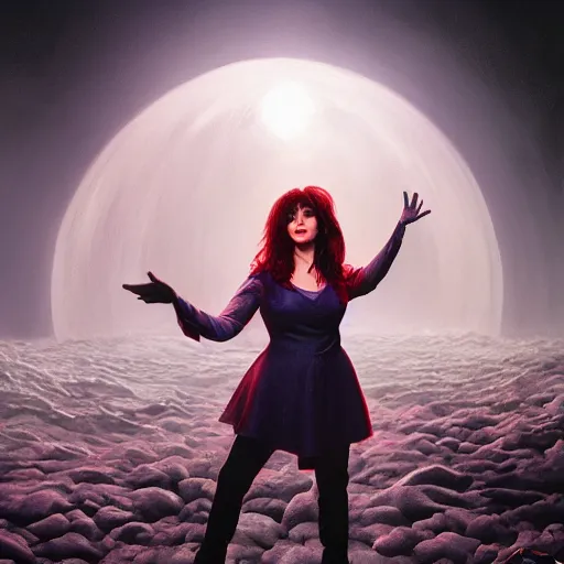 Prompt: A hyper real comic book style portait painting of Kate Bush in the center of the universe, unreal 5, hyperrealistic, octane render, cosplay, RPG portrait, dynamic lighting