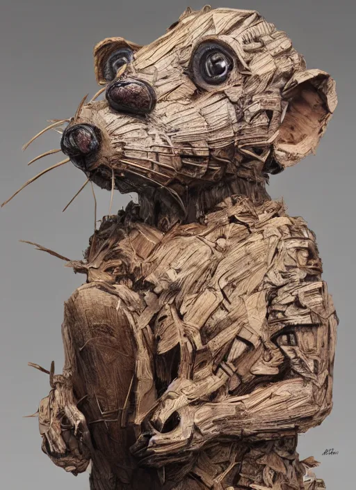 Prompt: sculpture of rat made of wood, portrait, female, future, wood, tree, harper's bazaar, vogue, magazine, insanely detailed and intricate, concept art, close up, ornate, luxury, elite, elegant, trending on artstation, by ruan jia, by Kenneth Willardt, by ross tran, by WLOP, by Andrei Riabovitchev,