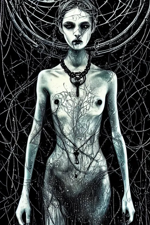 Image similar to dreamy gothic girl, black leather slim clothes, chains, underwater, beautiful body, detailed acrylic, grunge, intricate complexity, by dan mumford and by alberto giacometti, peter lindbergh