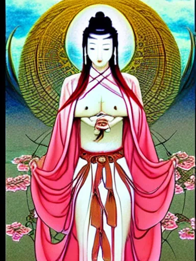 Image similar to guan yin, goddess of mercy : : digital illustration, concept art, character design : ; illustrated by miho hirano, masaaki sasamoto, hosukai