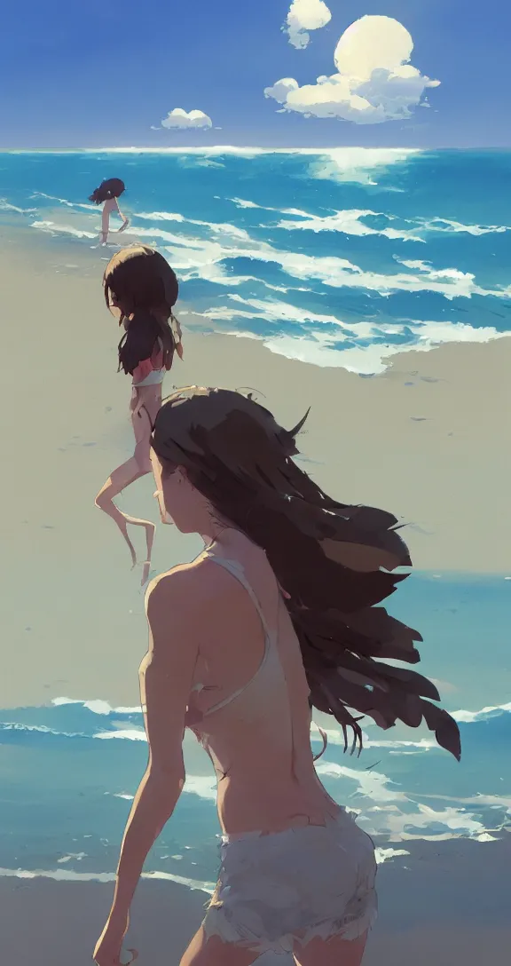 Prompt: Soaking in the sun at the beach, uncluttered, tropical, bright, simple, by Studio Ghibli and Greg Rutkowski, artstation