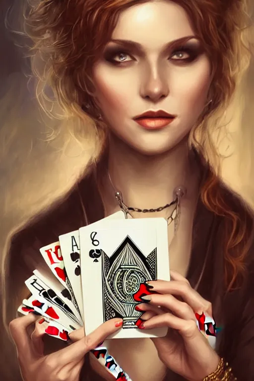 Image similar to female magician holding playing cards, esp cards, tarot cards, crystall ball, realistic, modern, intricate, elegant, highly detailed, digital painting, artstation, concept art, addiction, chains, smooth, sharp focus, illustration, art by ilja repin